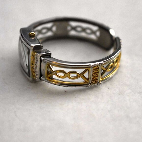 Accutime Filigree Silver/Gold Tone Cuff Rhinestone Accent New Battery Watch - Picture 2 of 3